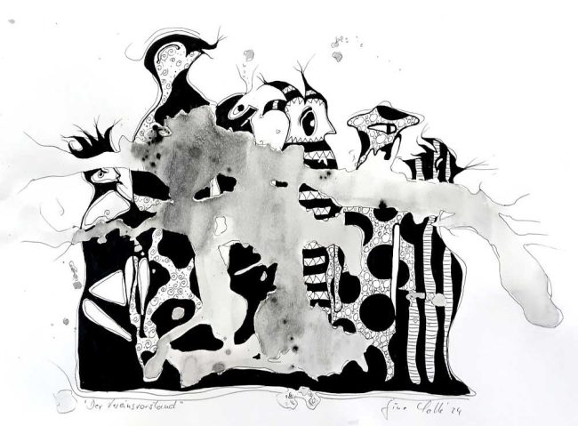 Gine Selle, Der Vereinsvorstand, Tuschzeichnung, 30 x 40cm, 2024